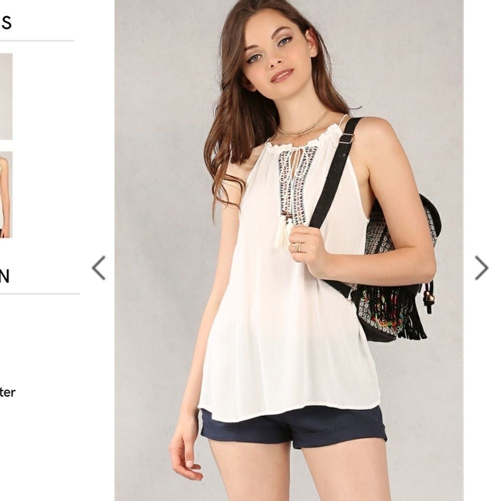 PAPAYA WHITE TASSEL TIE TANK TOP WITH EMBROIDERY